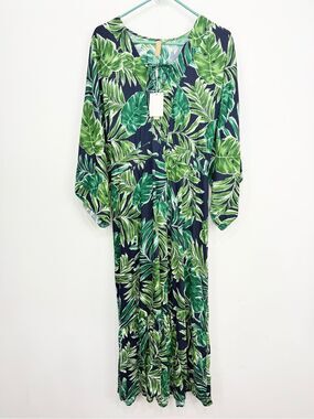 On Shore Green Tropical Leaf Print Cinch Waist Resort Wear Beach Maxi Dress NEW